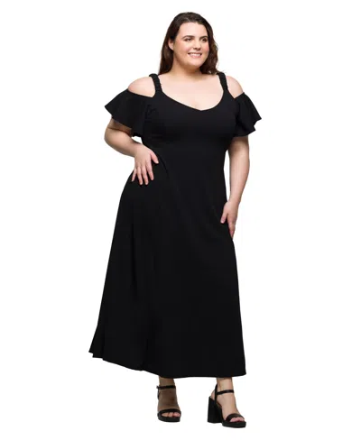 24seven Comfort Apparel Women's Cold Sholder Ruffle Sleeve A Line Maxi Dress In Black