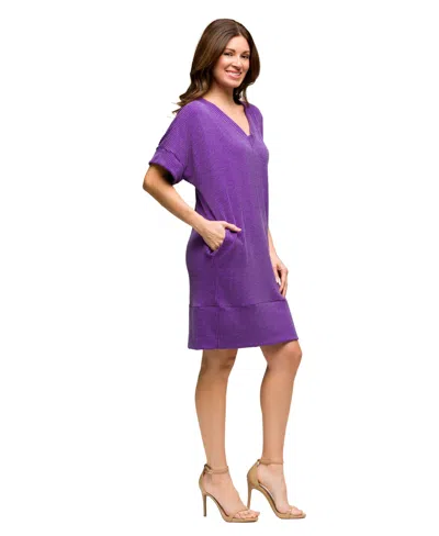 24seven Comfort Apparel Women's V Neck Loose Fit Short Sleeve Pocket T Shirt Dress In Purple