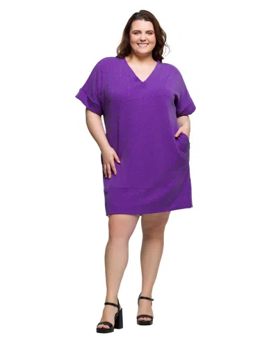 24seven Comfort Apparel Plus Size V-neck Loose Fit Short Sleeve Pocket T Shirt Dress In Purple