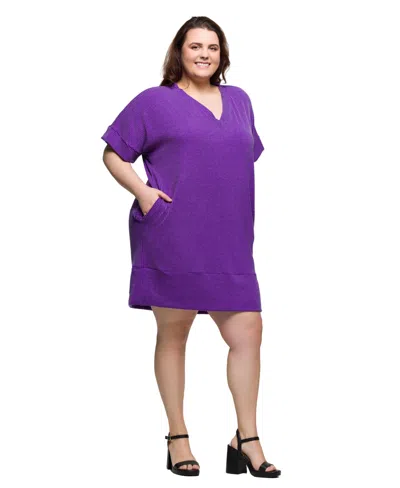 24seven Comfort Apparel Plus Size V-neck Loose Fit Short Sleeve Pocket T Shirt Dress In Purple