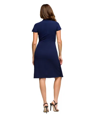 24seven Comfort Apparel Women's Mandarin Collar Knee Length Wrap Dress In Blue