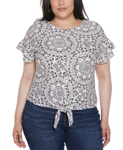 Belldini Plus Size Printed Eyelet Tie-front Knit Top In Gray