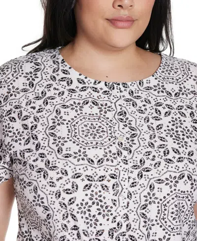 Belldini Plus Size Printed Eyelet Tie-front Knit Top In Gray