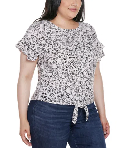 Belldini Plus Size Printed Eyelet Tie-front Knit Top In Gray