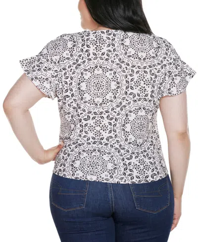 Belldini Plus Size Printed Eyelet Tie-front Knit Top In Gray
