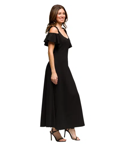 24seven Comfort Apparel Women's Cold Sholder Ruffle Sleeve A Line Maxi Dress In Black