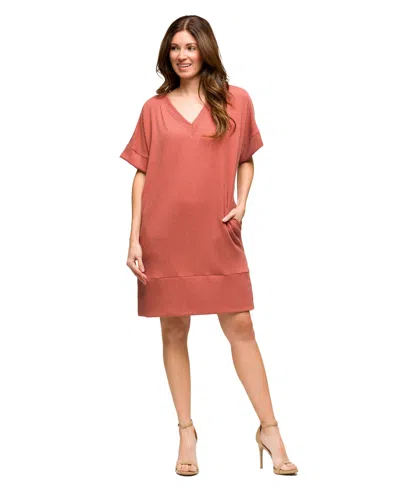 24seven Comfort Apparel Women's V Neck Loose Fit Short Sleeve Pocket T Shirt Dress In Animal Print