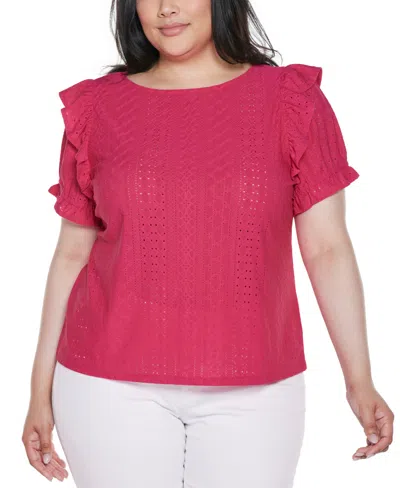 Belldini Women's Knit Eyelet Ruffle Sleeve Top In Red