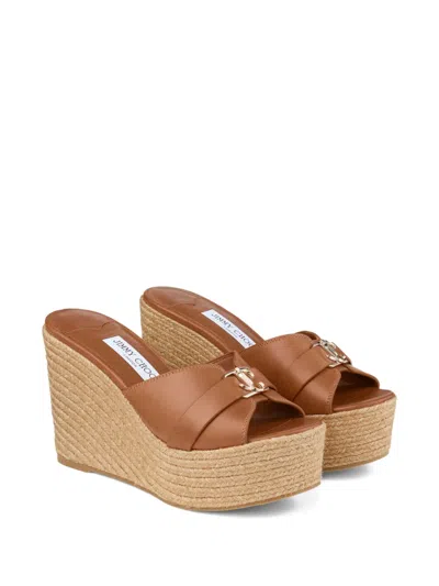Jimmy Choo Leather Espadrille Sole Wedges With Wedge Heel In Neutral