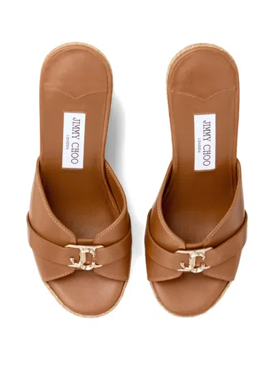 Jimmy Choo Leather Espadrille Sole Wedges With Wedge Heel In Neutral