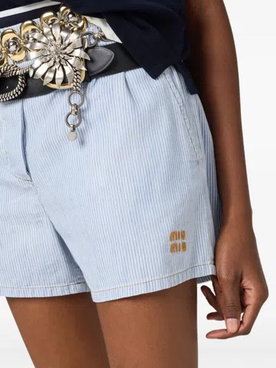 Miu Miu Striped Chambray Bermudas In Blue