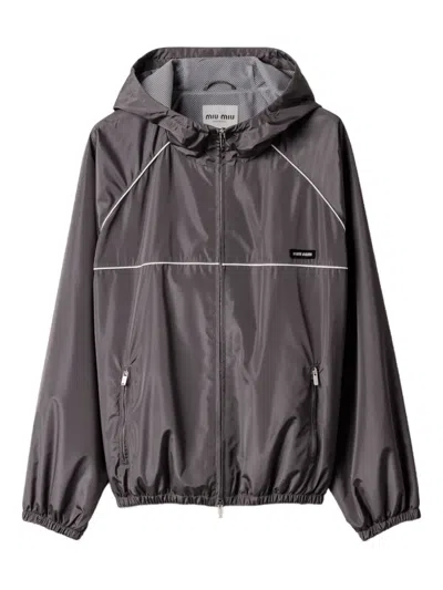 Miu Miu Technical Silk Zipper Blouson Jacket In Gray