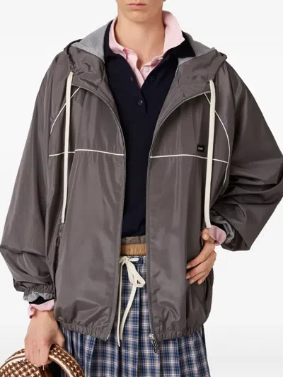 Miu Miu Technical Silk Zipper Blouson Jacket In Gray