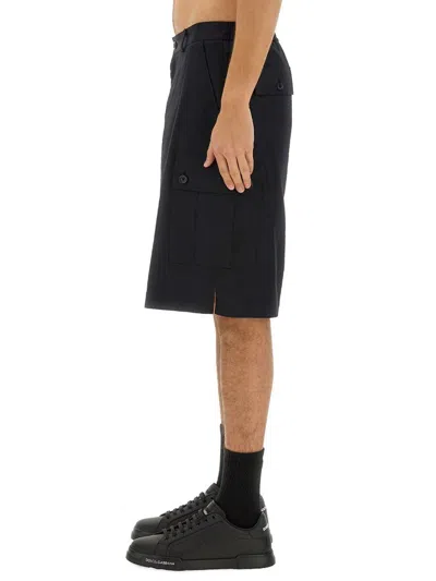 Dolce & Gabbana Black Bermuda Shorts With Pockets In Linen Man