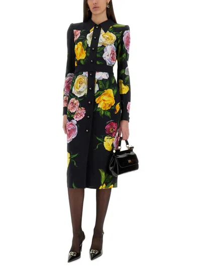 Dolce & Gabbana Calf-length Cady Shirt Dress With Peony And Rose Print