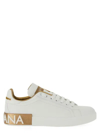Dolce & Gabbana Portofino White And Gold Low Top Sneakers With Logo In Leather Woman In White