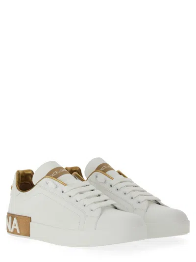 Dolce & Gabbana Portofino White And Gold Low Top Sneakers With Logo In Leather Woman In White