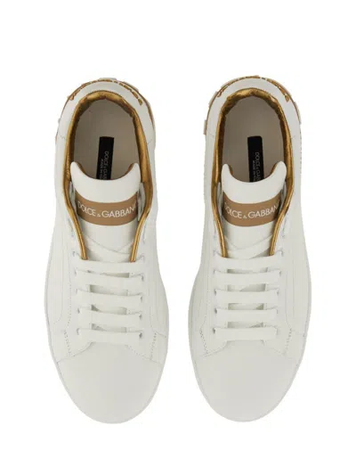 Dolce & Gabbana Portofino White And Gold Low Top Sneakers With Logo In Leather Woman In White