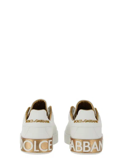Dolce & Gabbana Portofino White And Gold Low Top Sneakers With Logo In Leather Woman In White