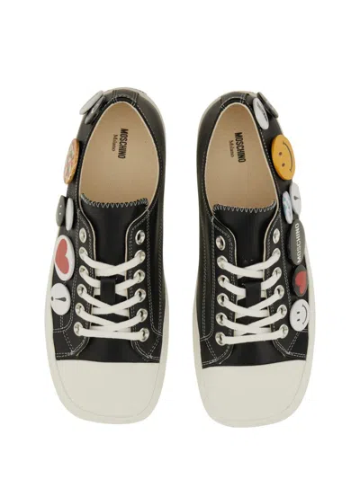 Moschino Black Leather Sneakers With Playful Pins