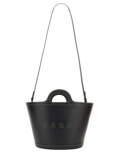 Marni Women Black Leather And Raffia Small Tropicalia Summer Handbag