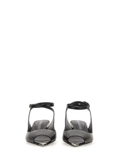 Alexander Mcqueen Black Leather Sandals With Kitten Heel
