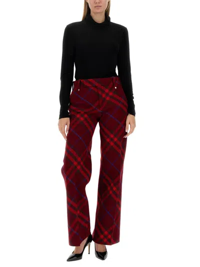 Burberry Plaid Red Wool Pants With High Waist And Straight Legs In Red