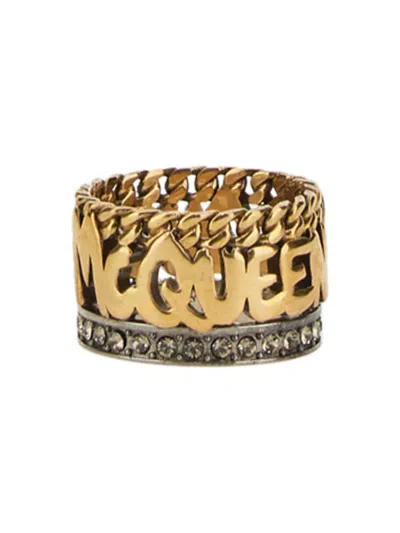 Alexander Mcqueen Chain Detail Embellished Band Ring In Gold