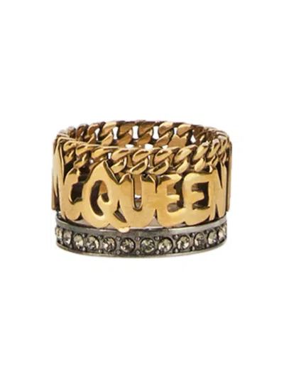 Alexander Mcqueen Chain Detail Embellished Band Ring In Gold