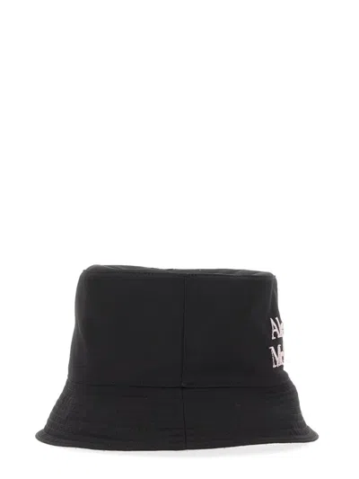 Alexander Mcqueen Black And White Reversible Bucket Hat With Logo Embroidery In Polyamide Man