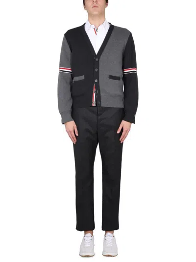 Thom Browne Striped Two-tone Cotton Cardigan In Black