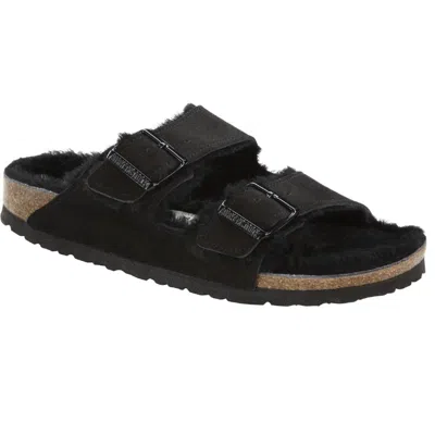 Birkenstock Arizona Shearling Slides With Large Buckle In Black