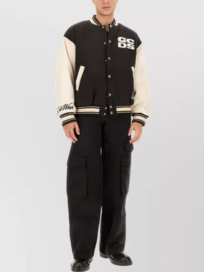 Gcds Varsity Bomber Jacket Contrast Sleeves In Black