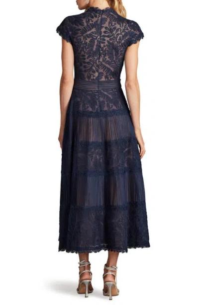 Tadashi Shoji Pintuck Pleat Embroidery Detail Cocktail Midi Dress In Blue