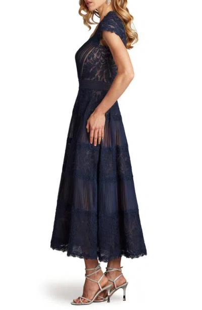 Tadashi Shoji Pintuck Pleat Embroidery Detail Cocktail Midi Dress In Blue