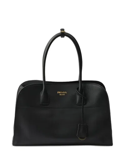 Prada Large Leather Tote Bag In Black
