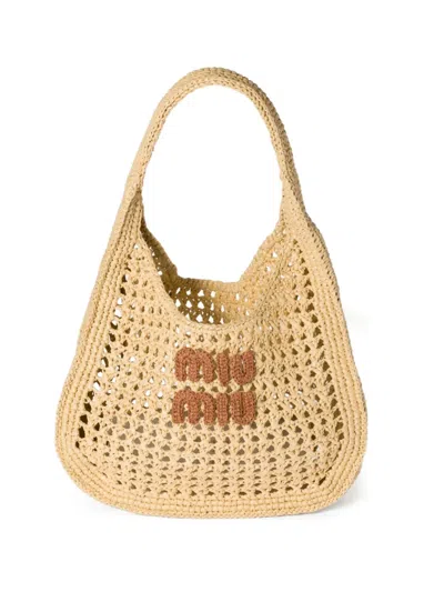 Miu Miu Raffia-effect Woven Hobo Bag In Sand