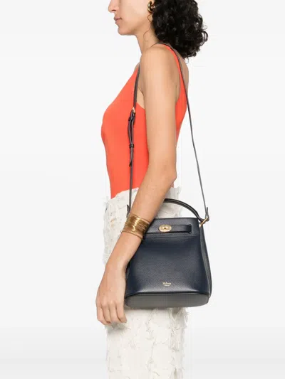 Mulberry Small Islington Black Bucket Bag With Twist Lock Closure In Hammered Leather In Blue