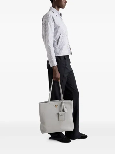 Prada Large Leather Tote Bag In Granite Gray