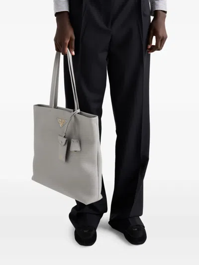 Prada Large Leather Tote Bag In Granite Gray