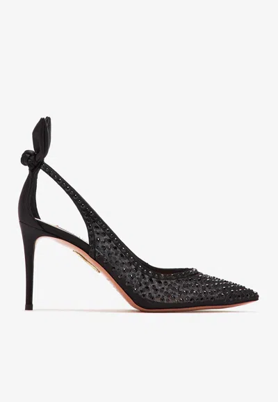 Aquazzura Bow Tie 105 Crystal Tulle Pointed-toe Flats In Black