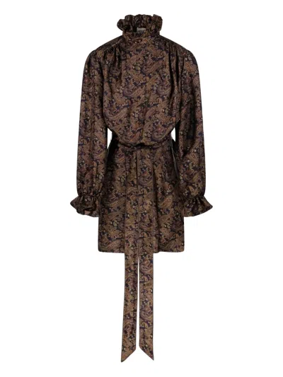 Saint Laurent Paisley Pattern Silk Twill Dress Dresses Brown