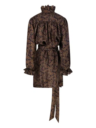 Saint Laurent Paisley Pattern Silk Twill Dress Dresses Brown