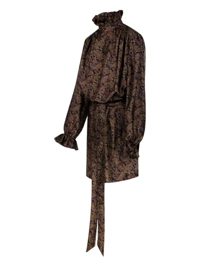 Saint Laurent Paisley Pattern Silk Twill Dress Dresses Brown