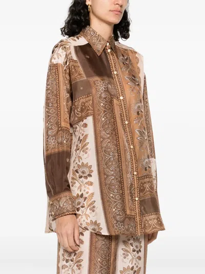 Zimmermann Lucky Manstyle Silk Shirt In Brown