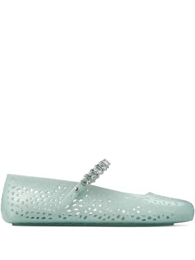 Jimmy Choo Light Green Jelly Ballet Flats With Crystal In Blue