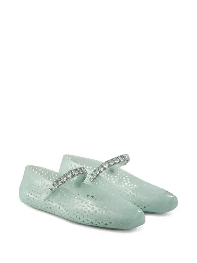 Jimmy Choo Light Green Jelly Ballet Flats With Crystal In Blue