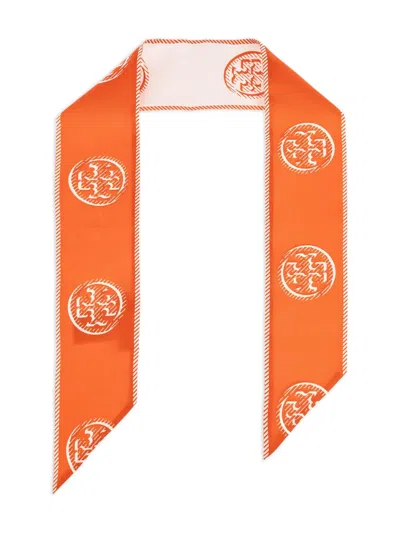 Tory Burch Medallion Logo Ribbon Silk Tie In Orange