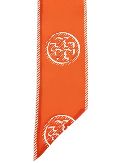 Tory Burch Medallion Logo Ribbon Silk Tie In Orange