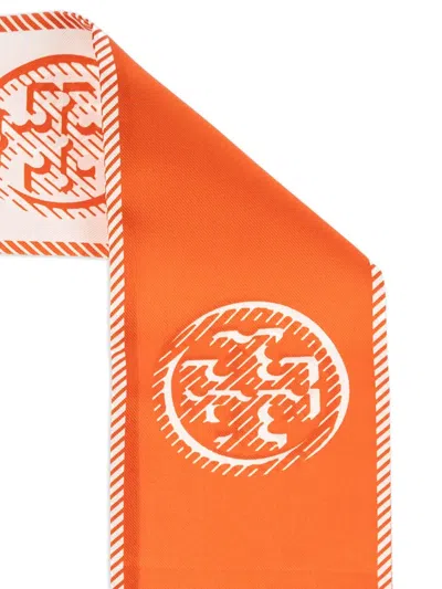 Tory Burch Medallion Logo Ribbon Silk Tie In Orange